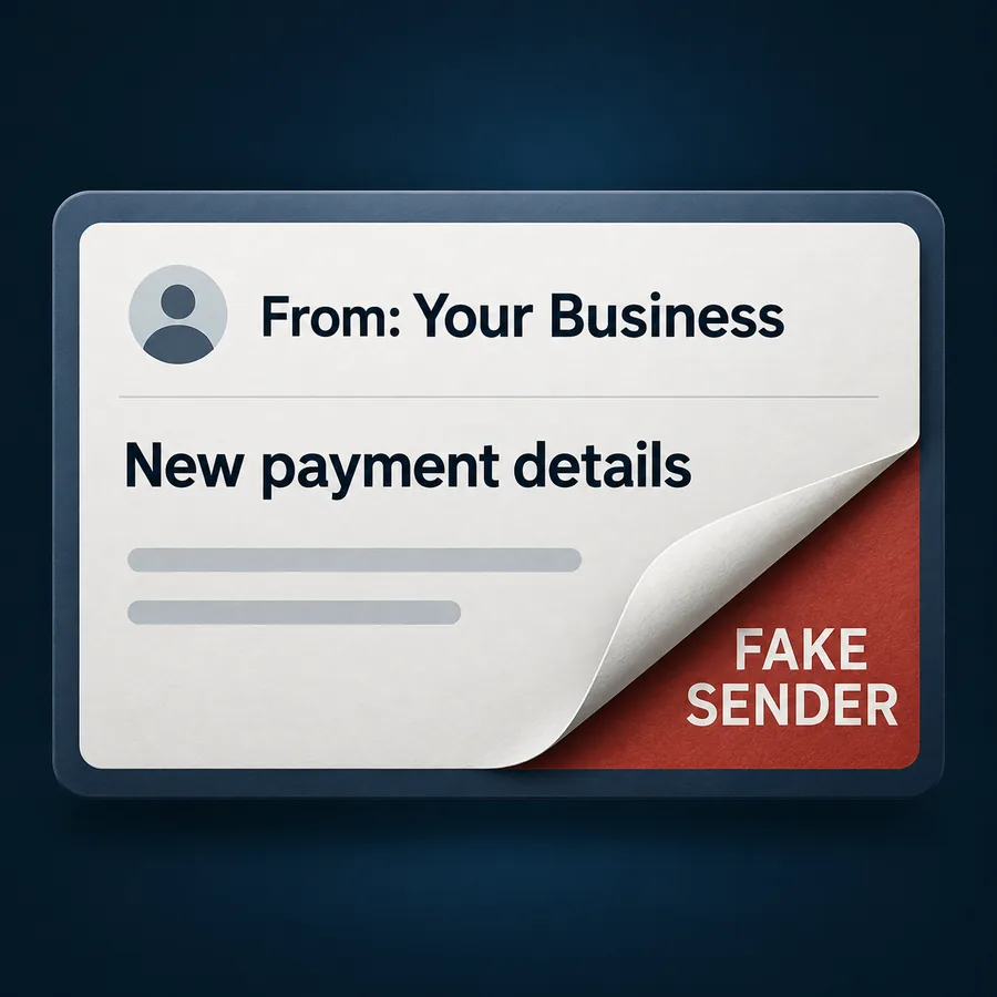 Illustration of a fake sender posing as the business in an email requesting new payment details.