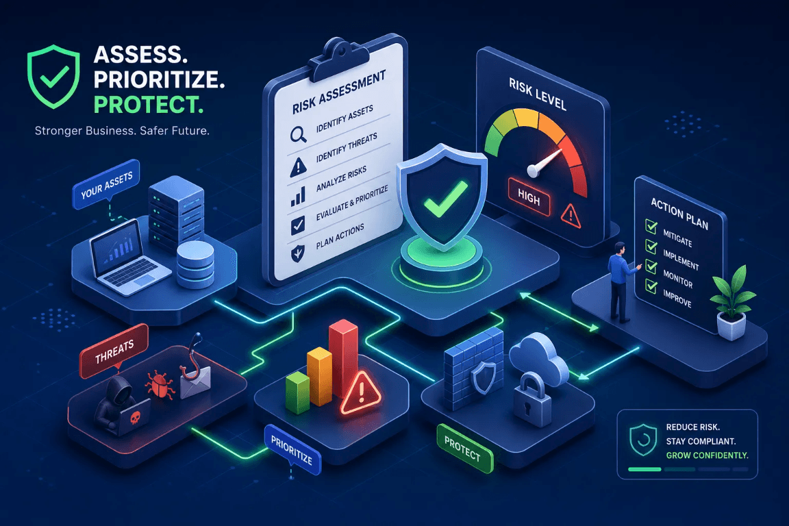 Illustration of a business cybersecurity risk assessment, with assets and threats mapped to a risk score, safeguards, and an action plan.