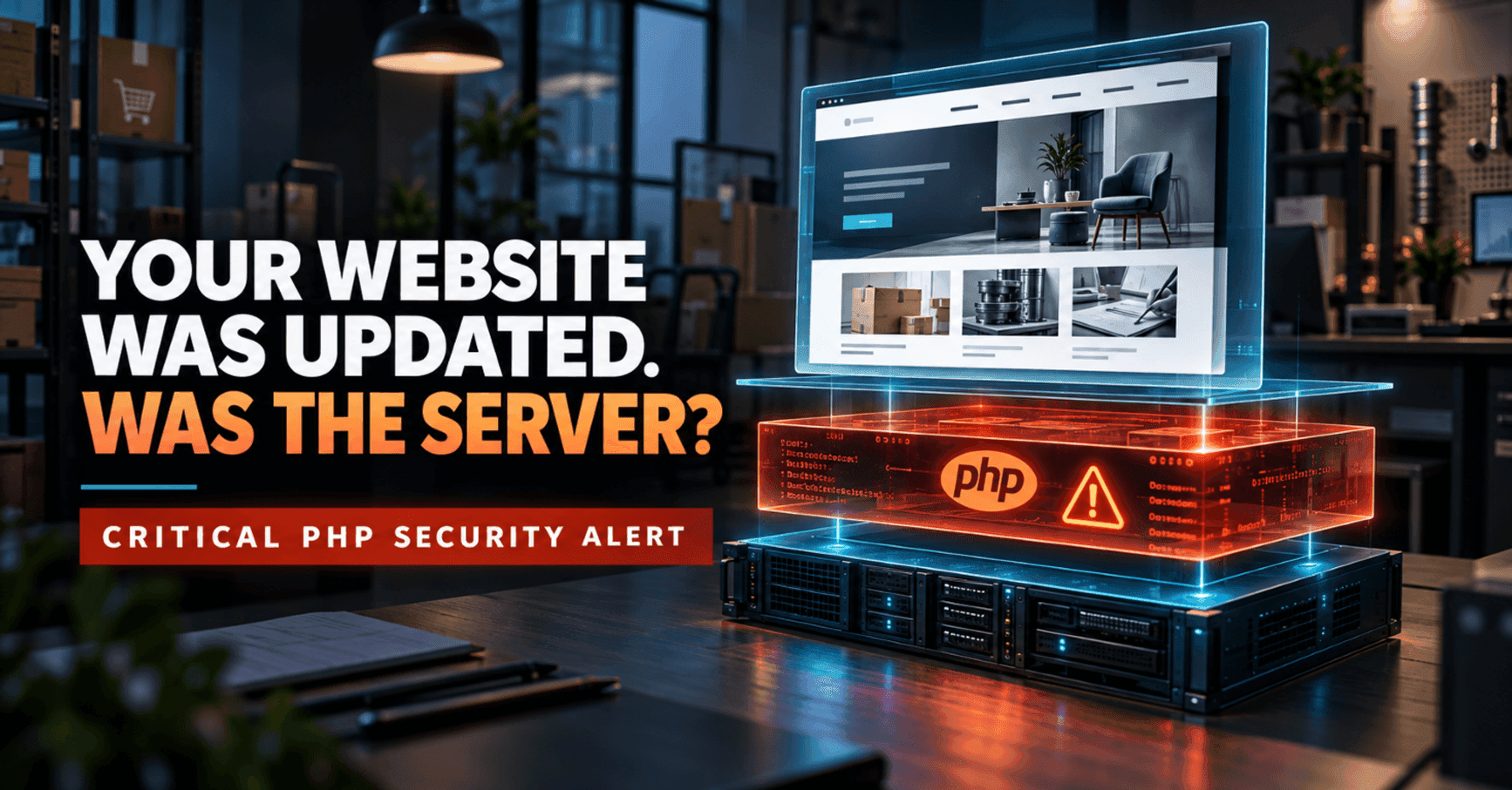 Updated small-business website positioned above a PHP server displaying a critical security warning.